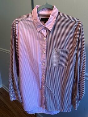 rag & bone Pink and Burgundy Striped Button-Up Shirt with Contrasting Panels